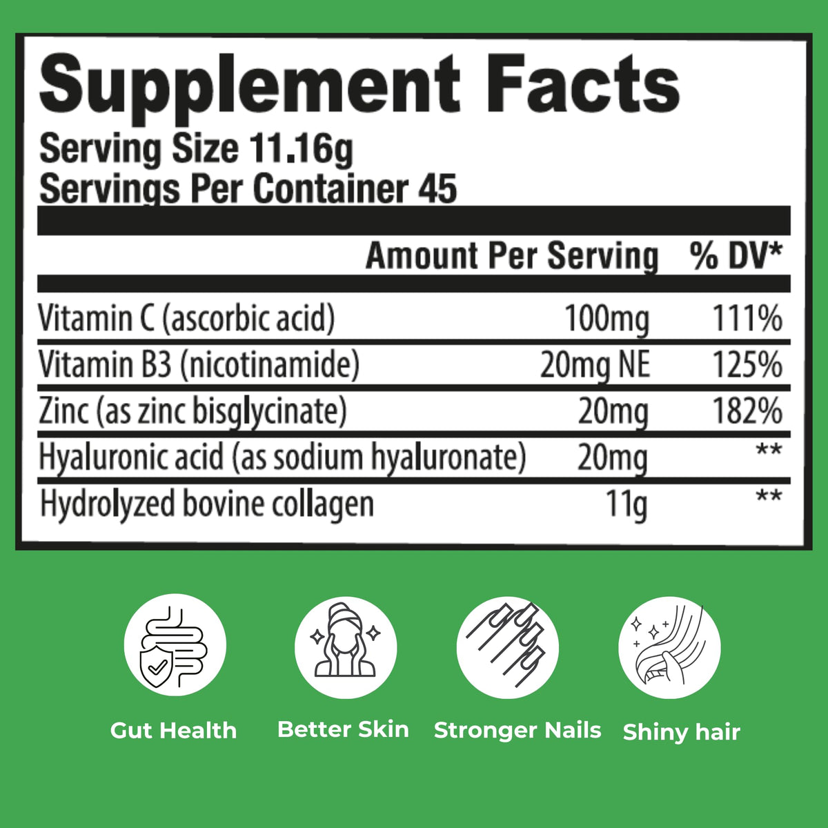 Hydrolyzed Bovine Collagen Peptides Powder with Vitamin C, Hyaluronic Acid, Zinc & B3 H2685