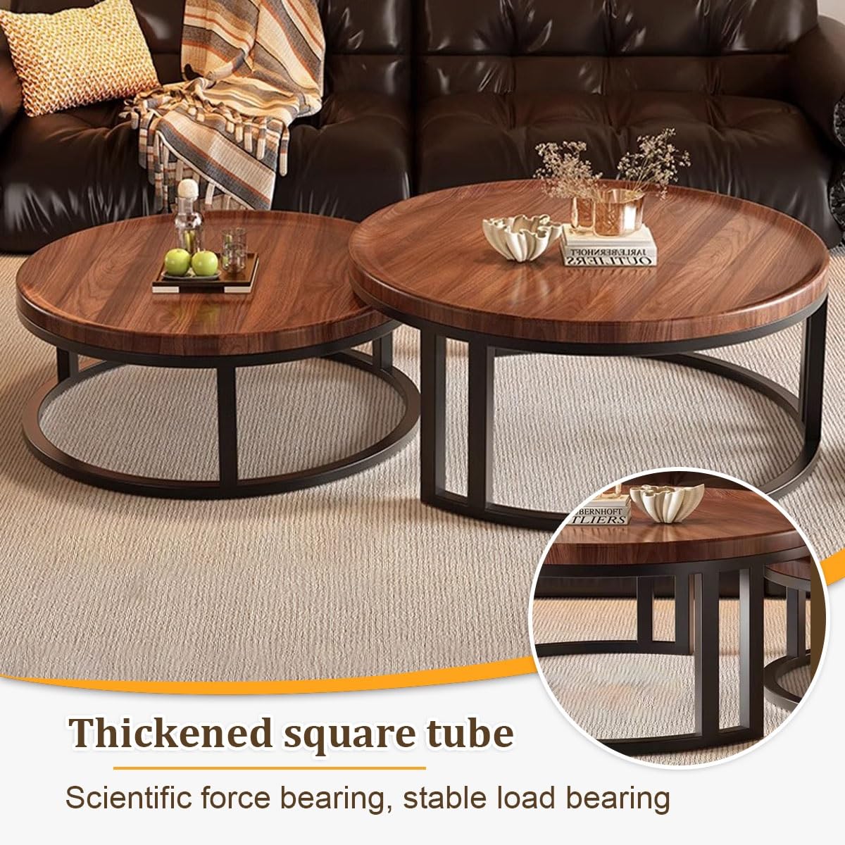 Round Nesting Coffee Tables 2-Piece Set Wood Top Metal Frame M767002