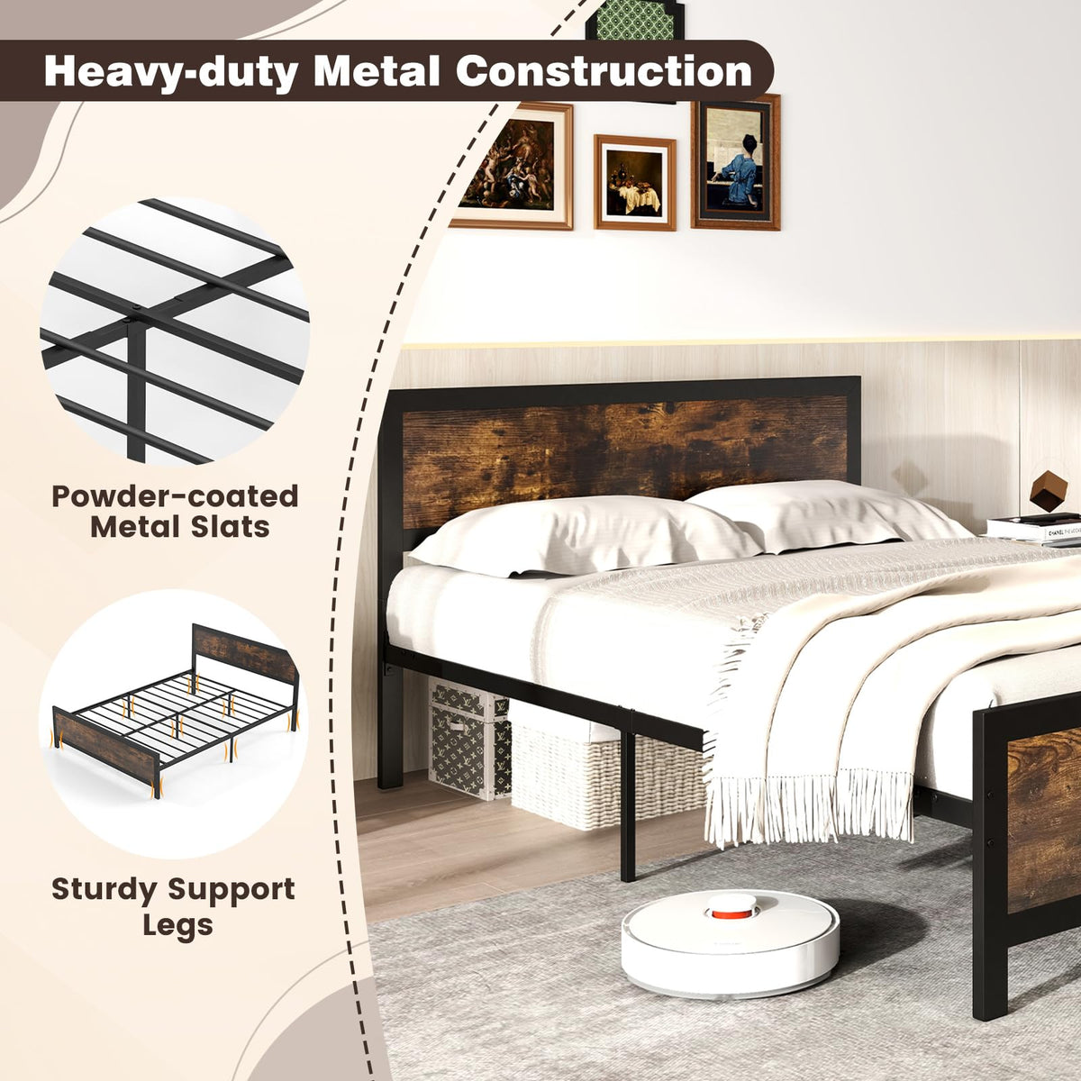 Metal Full Size Platform Bed Frame with Wood Headboard and Footboard H7598