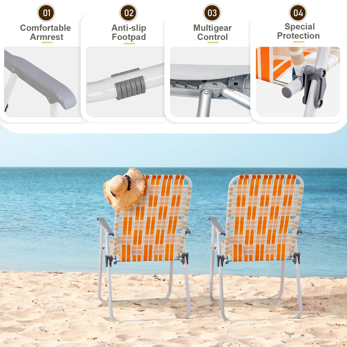 Set of 2 Orange and White Webbed Folding Beach Chairs J5155