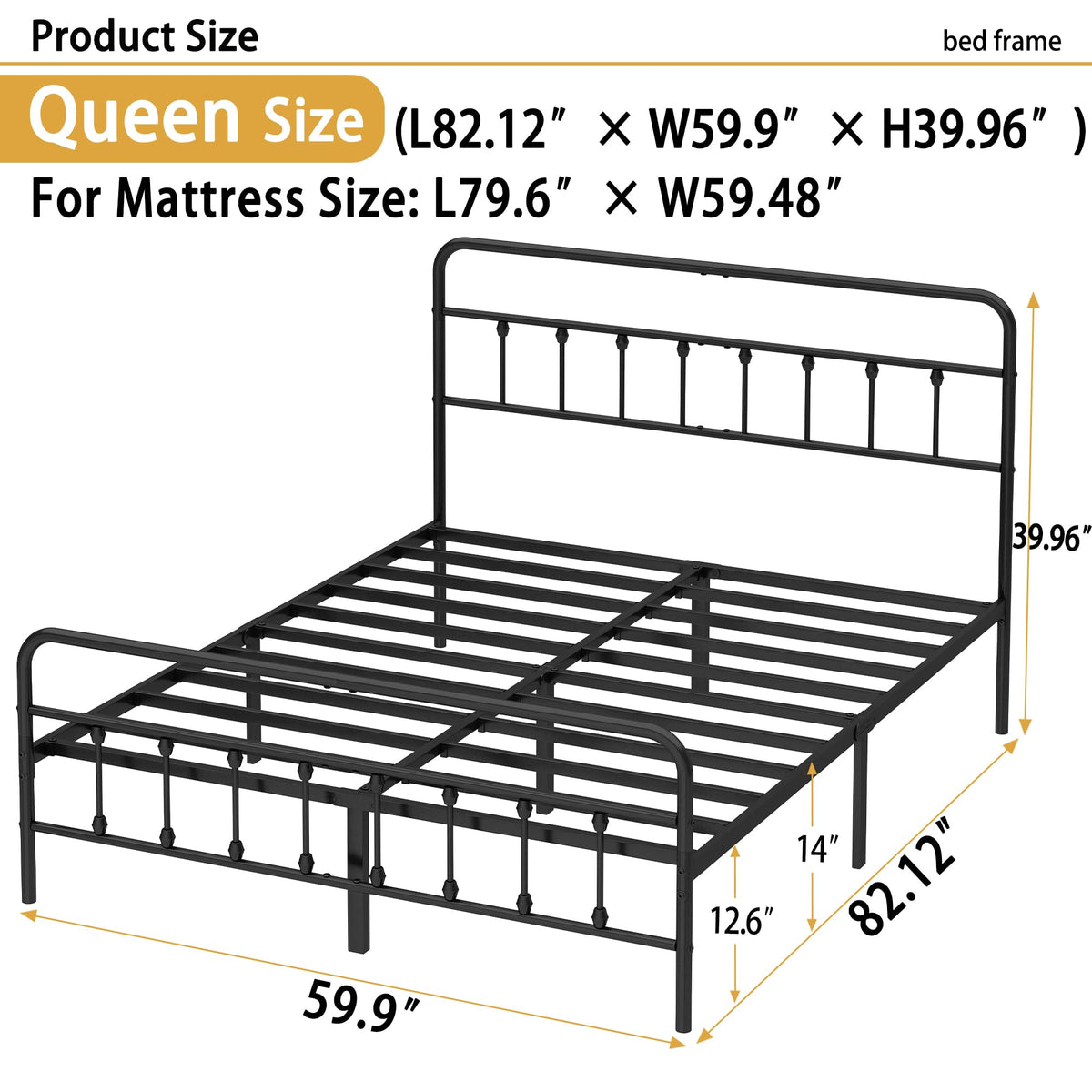 Queen Metal Bed Frame with Victorian Headboard & Footboard D485558