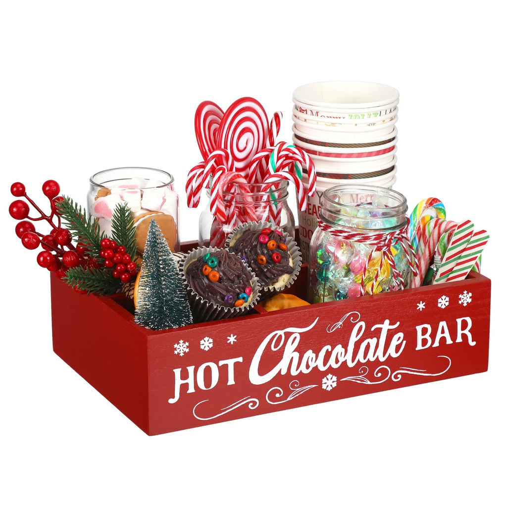 Christmas Hot Cocoa Bar Station Organizer Storage Box Wood Red X23907