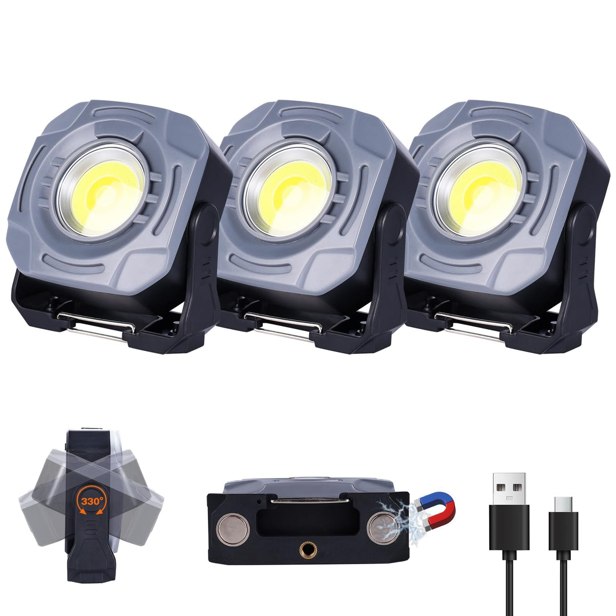 3 Pack 4000mAh 840 Lumens Magnetic Rechargeable Work Light O3729