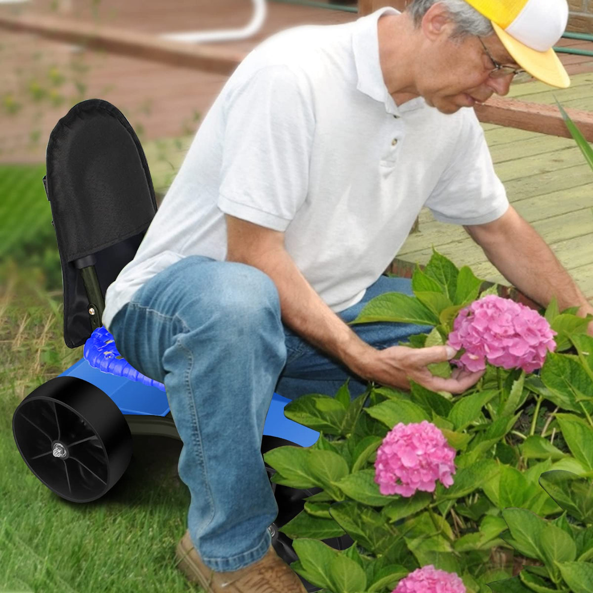 Blue Rolling Garden Cart with Four Wheels and Tool Bag J359
