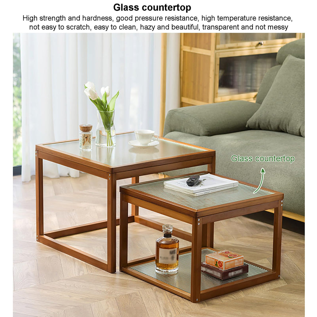 Square Glass Nesting Coffee Tables Set of 2 with Bamboo Frame I393