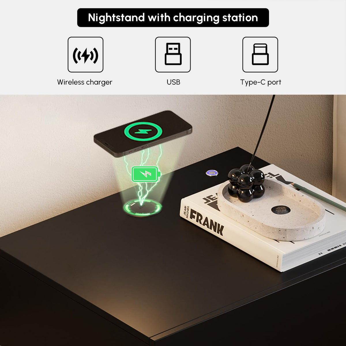Black Set of 2 Nightstand with Wireless Charging and 3 Drawers R819