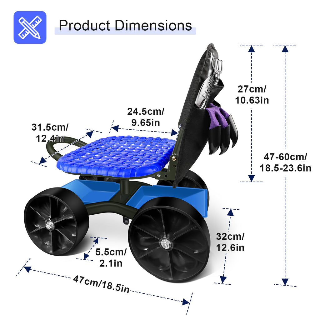 Blue Rolling Garden Cart with Four Wheels and Tool Bag J359