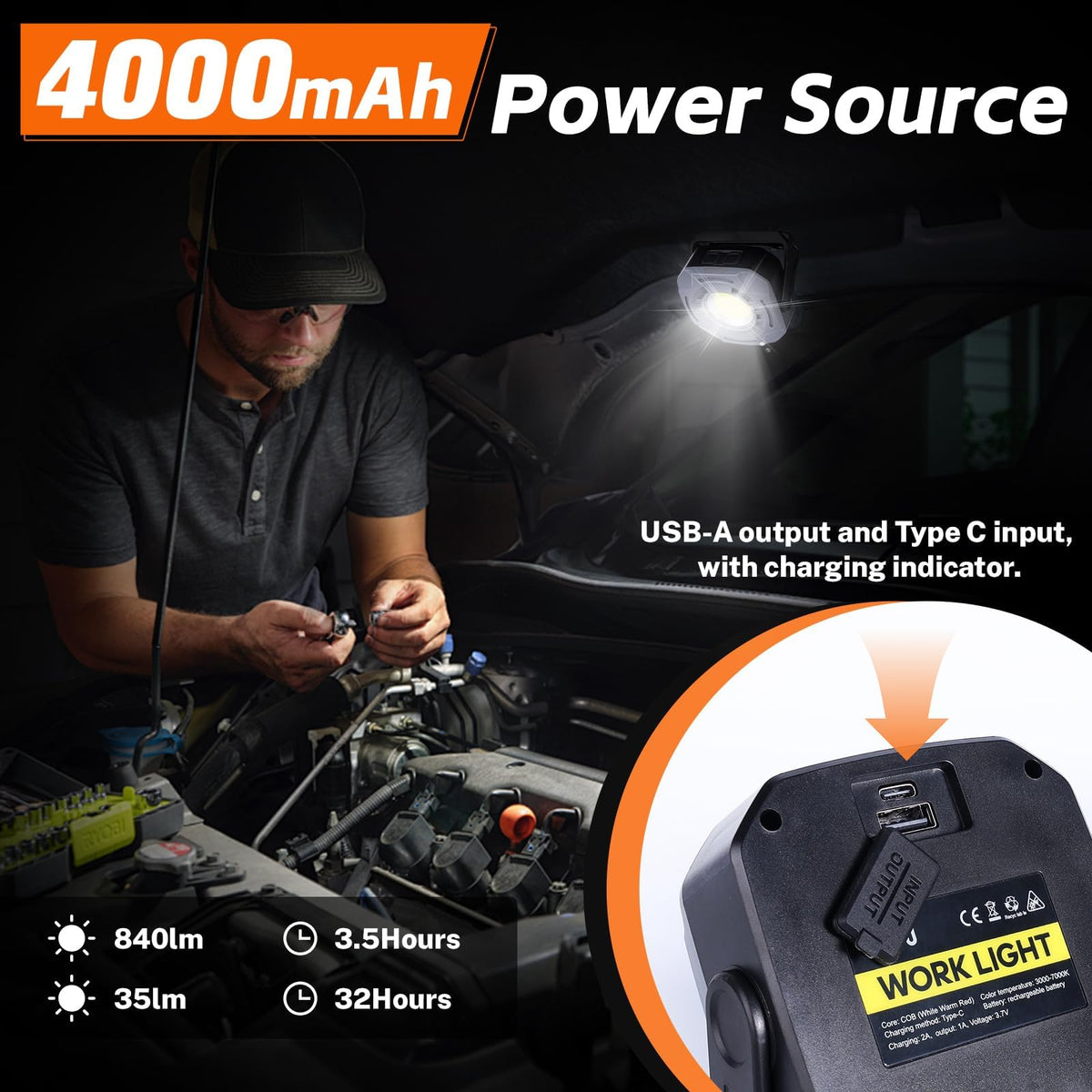 3 Pack 4000mAh 840 Lumens Magnetic Rechargeable Work Light O3729