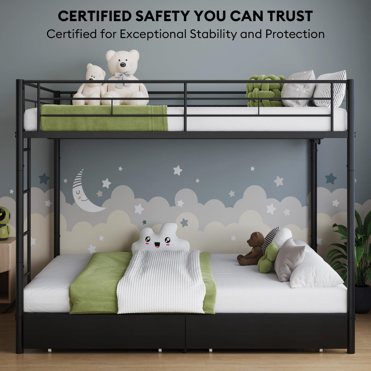 Black Twin Over Twin Metal Bunk Bed with LED Lights, USB Charging Station, 2 Drawers, Guard Rails & Ladder B55679