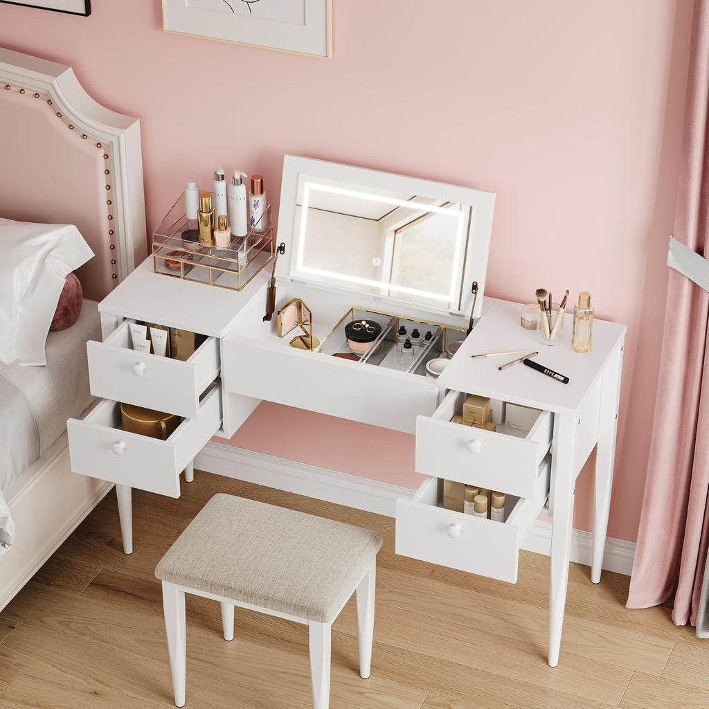 White Makeup Vanity Desk with Flip Top Mirror and Chair O710420