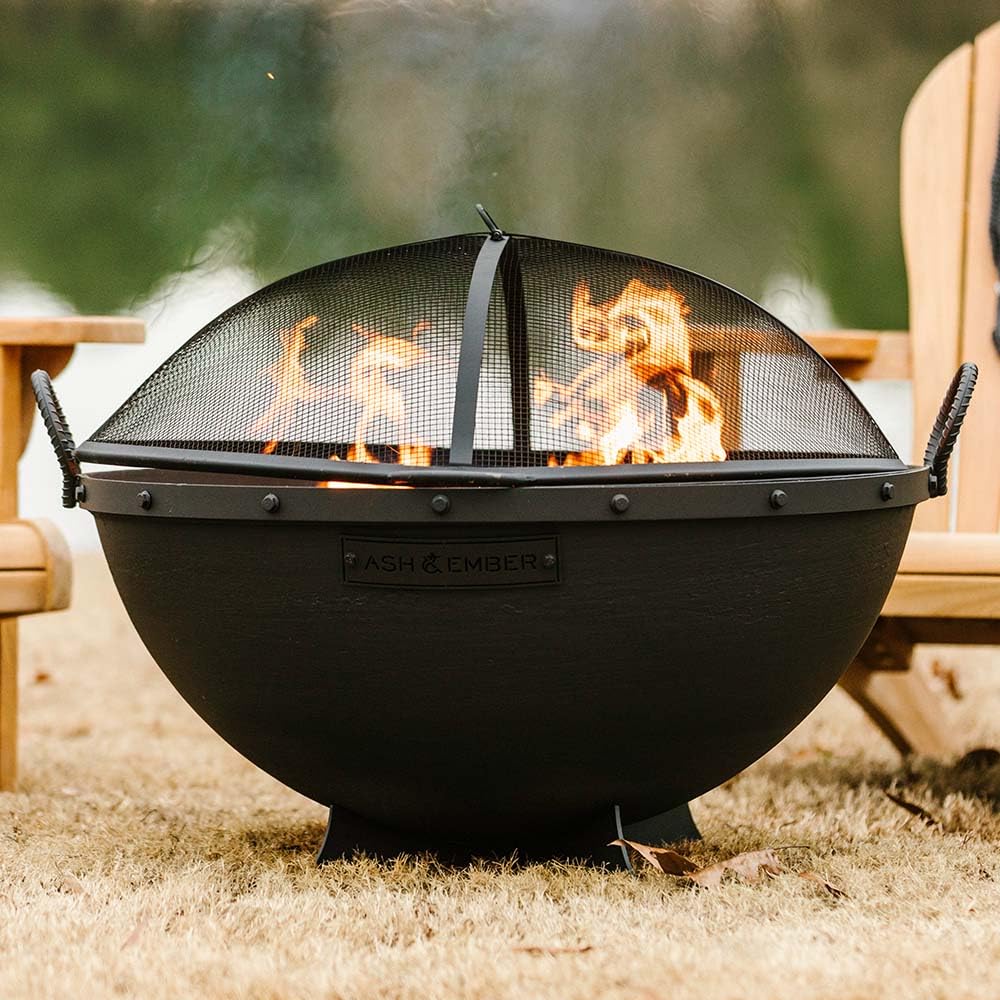 32in Cast Iron Wood Burning Fire Pit with Screen and Poker C283926
