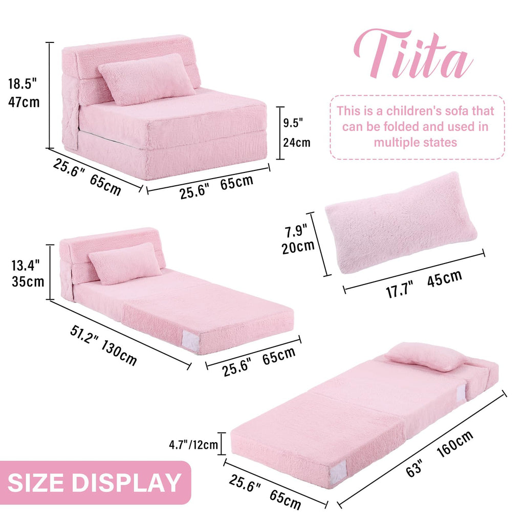 Pink Plush Convertible Folding Kids Sofa Bed with Pillow & Storage Bag C460