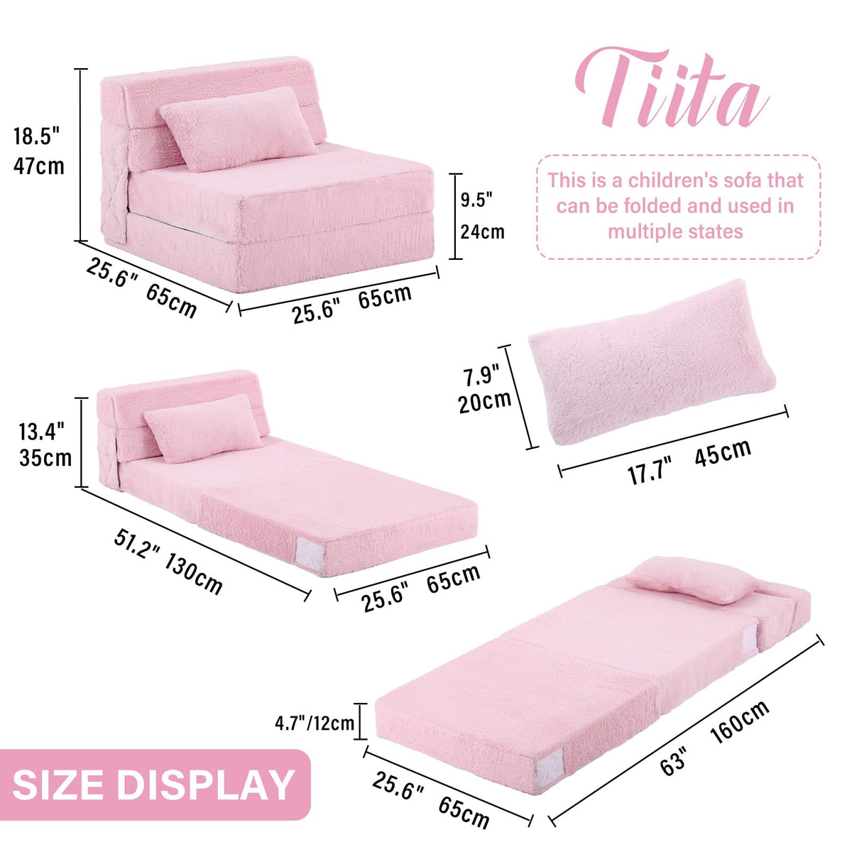Pink Plush Convertible Folding Kids Sofa Bed with Pillow & Storage Bag C460