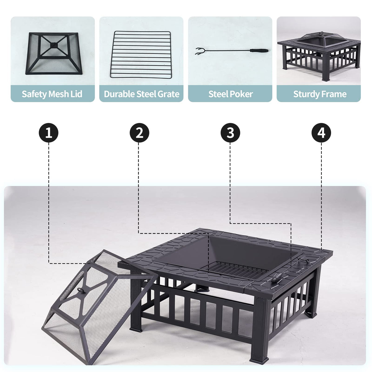 32" Square Wood Burning Fire Pit with Poker and Cover D50932