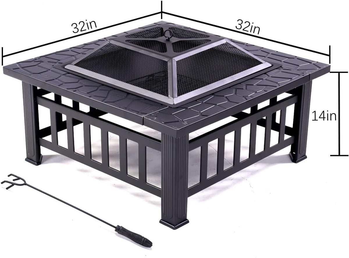 32" Square Wood Burning Fire Pit with Poker and Cover D50932