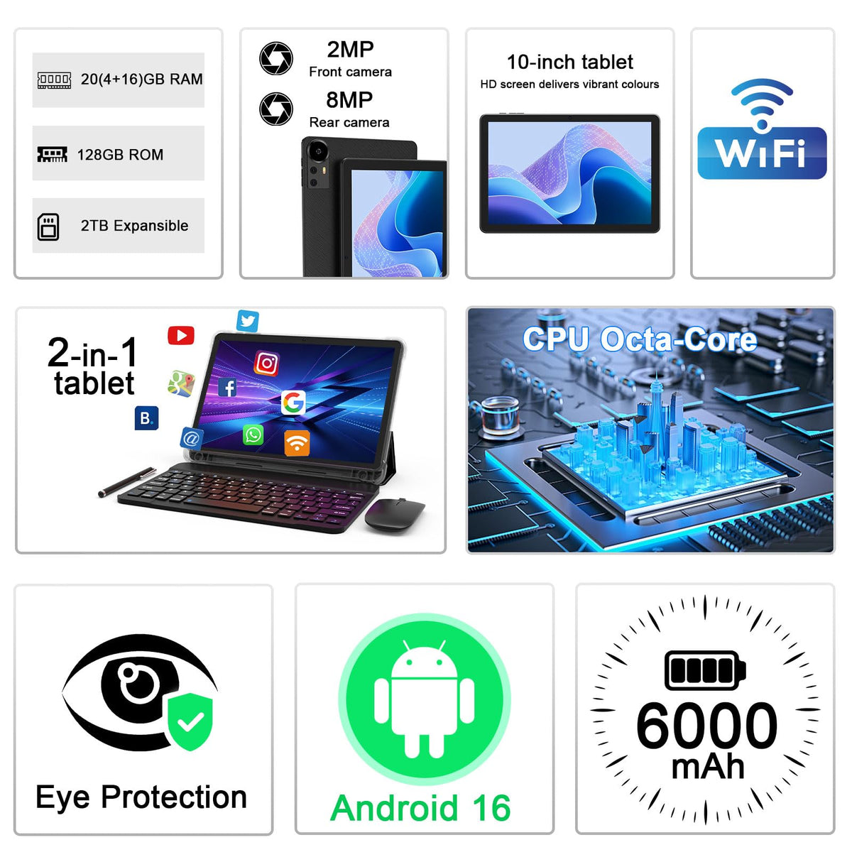 Android 16 Tablet 10 Inch 20GB RAM 128GB ROM Black B826858