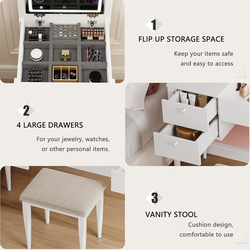 White Makeup Vanity Desk with Flip Top Mirror and Chair O710420
