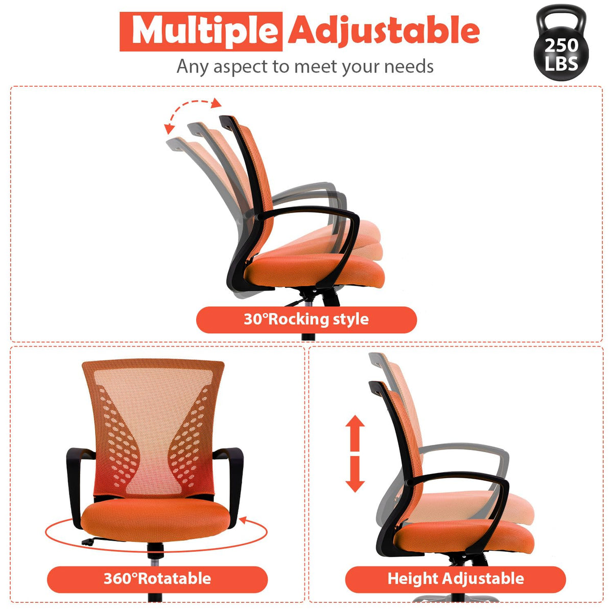 Orange Adjustable Mesh Ergonomic Office Chair with Lumbar Support Q651786