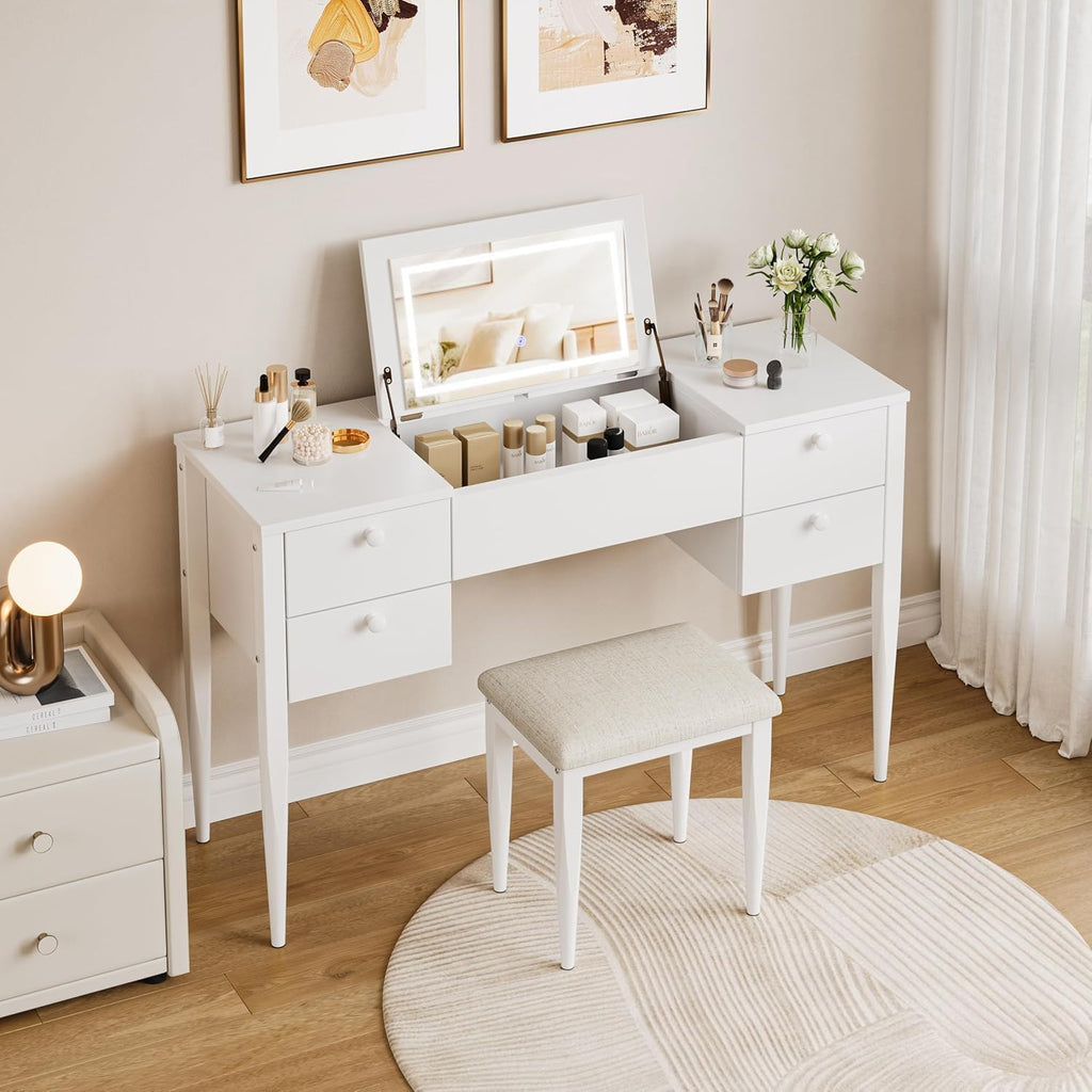 White Makeup Vanity Desk with Flip Top Mirror and Chair O710420