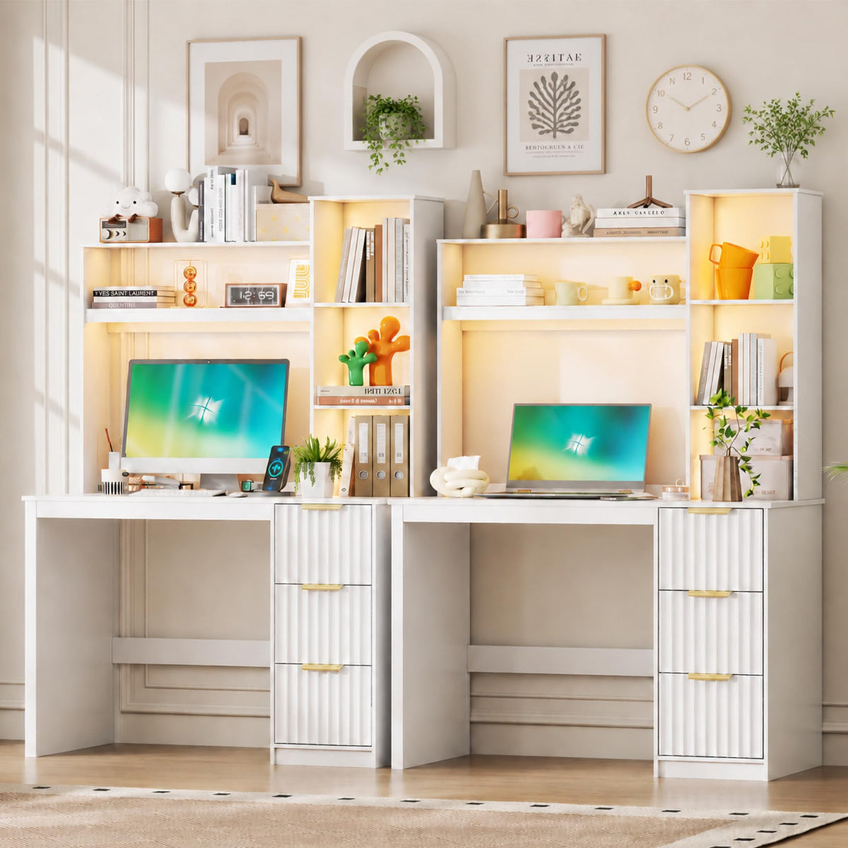 40” White Home Office Desk with Hutch and Drawers W745