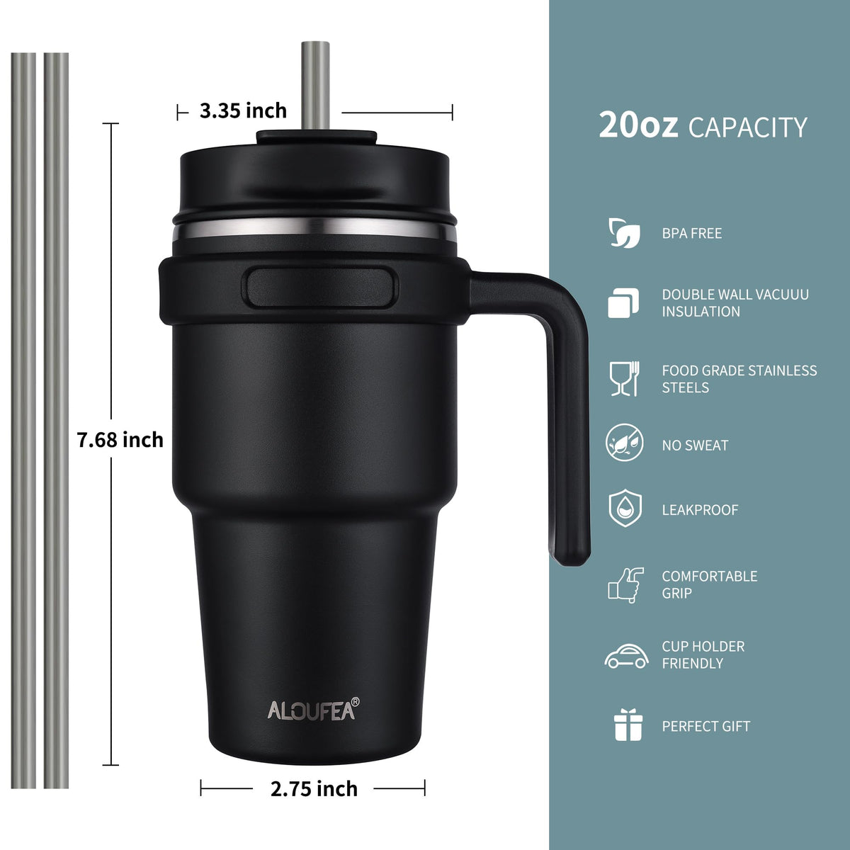 20 oz Insulated Travel Coffee Mug Tumbler with Handle and Straw K631