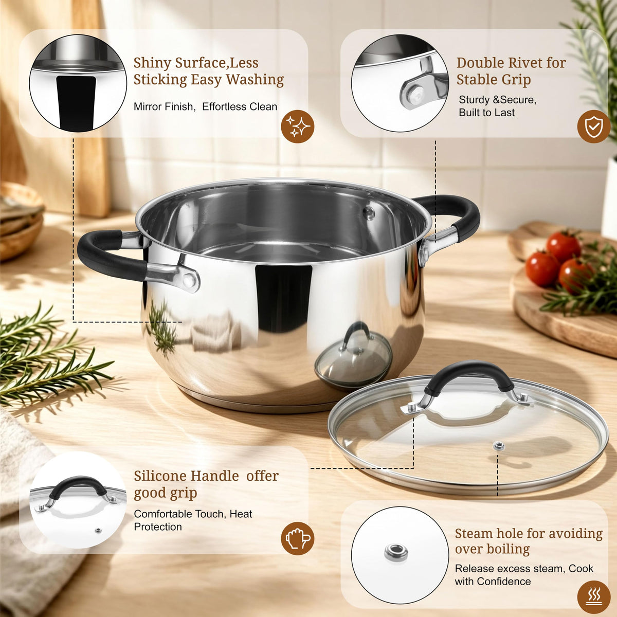 6 Quart Stainless Steel Induction Stock Pot with Lid Z8614