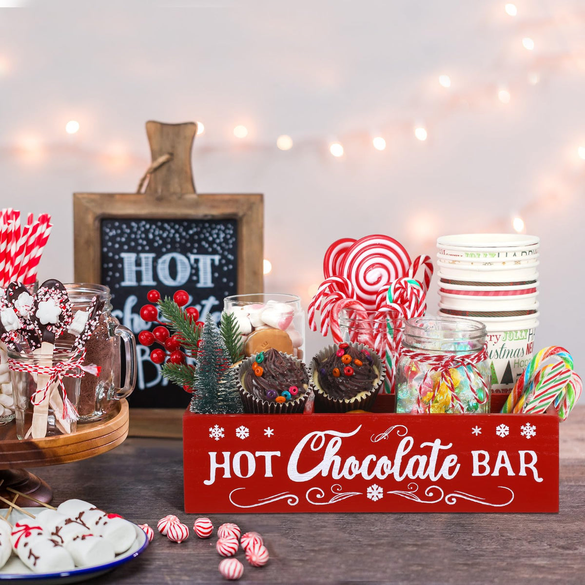 Christmas Hot Cocoa Bar Station Organizer Storage Box Wood Red X23907