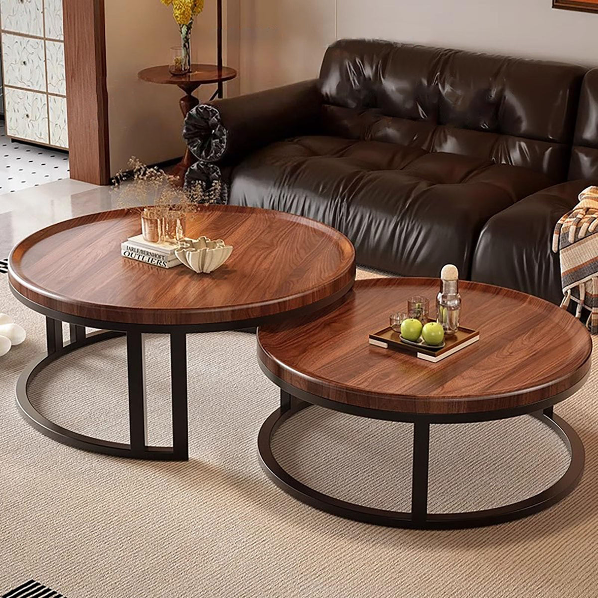 Round Nesting Coffee Tables 2-Piece Set Wood Top Metal Frame M767002
