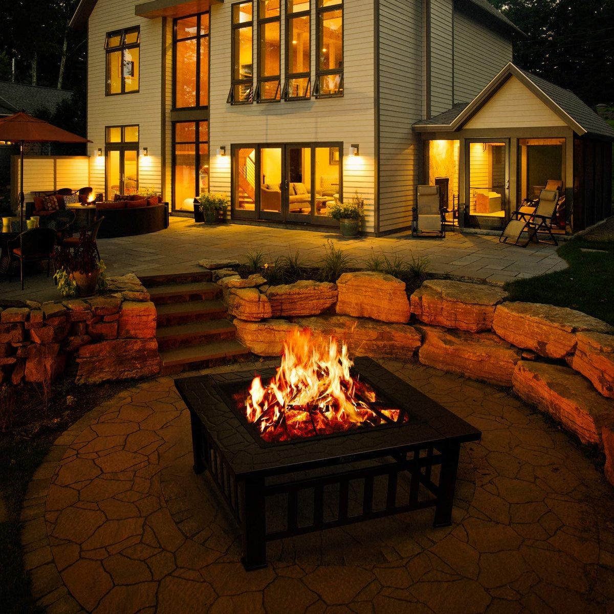 32" Square Wood Burning Fire Pit with Poker and Cover D50932