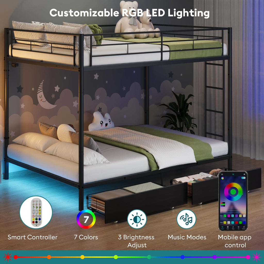 Black Twin Over Twin Metal Bunk Bed with LED Lights, USB Charging Station, 2 Drawers, Guard Rails & Ladder B55679