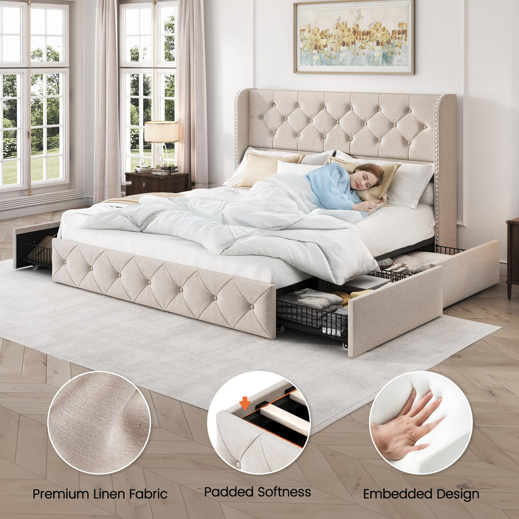 Queen Size Linen Upholstered Platform Bed Frame with 4 Storage Drawers T936289