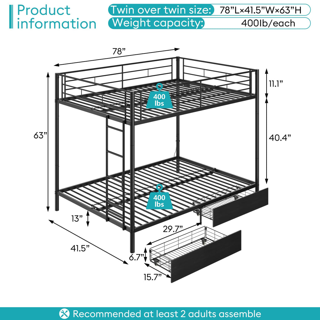 Black Twin Over Twin Metal Bunk Bed with LED Lights, USB Charging Station, 2 Drawers, Guard Rails & Ladder B55679