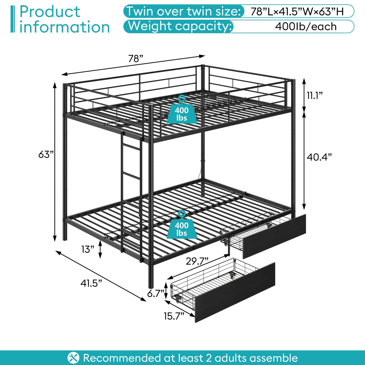 Black Twin Over Twin Metal Bunk Bed with LED Lights, USB Charging Station, 2 Drawers, Guard Rails & Ladder B55679
