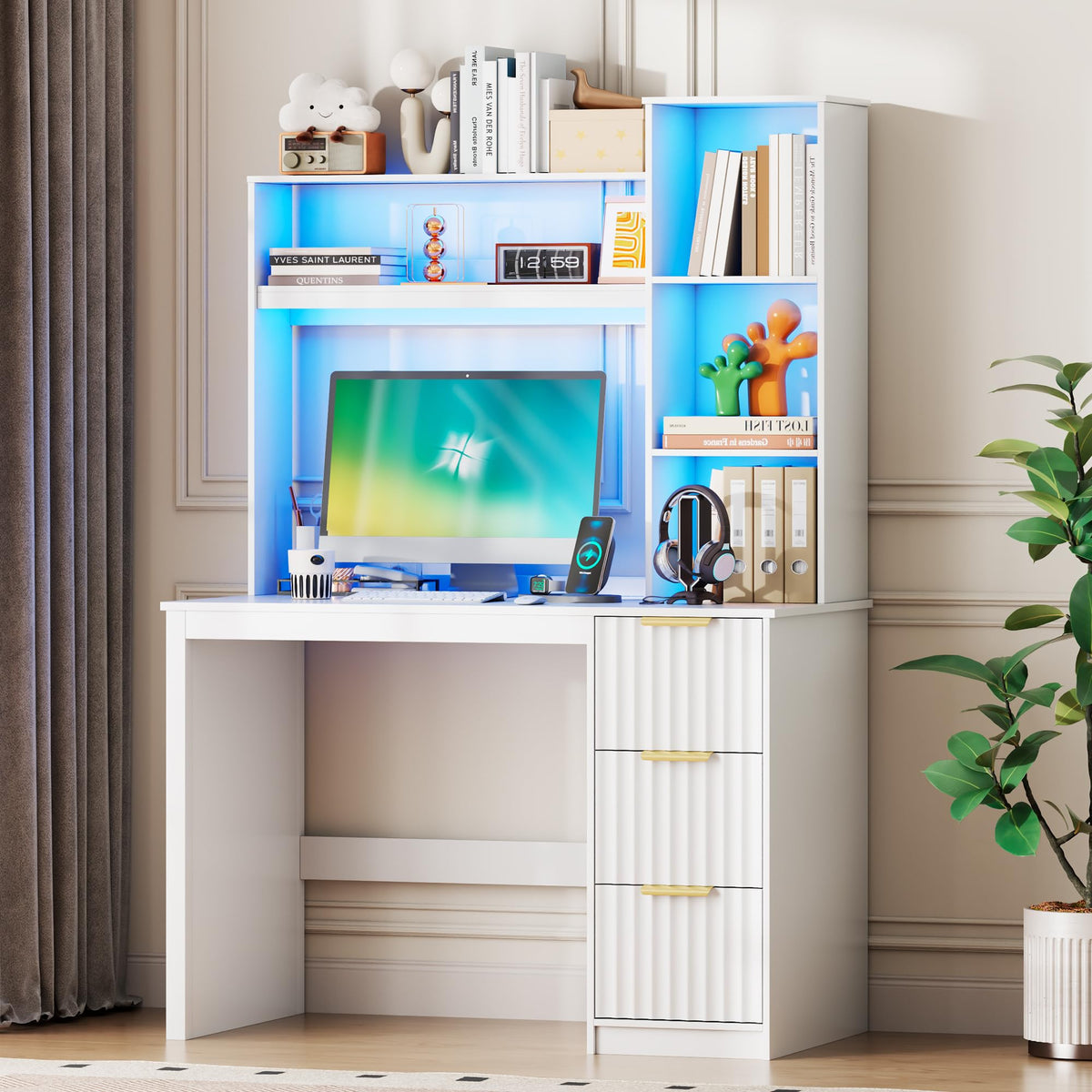 40” White Home Office Desk with Hutch and Drawers W745