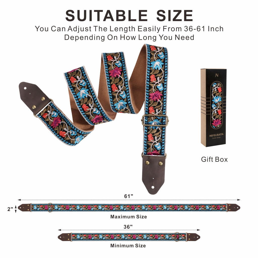 Jacquard Embroidery Cotton Guitar Strap with Leather Ends Q170