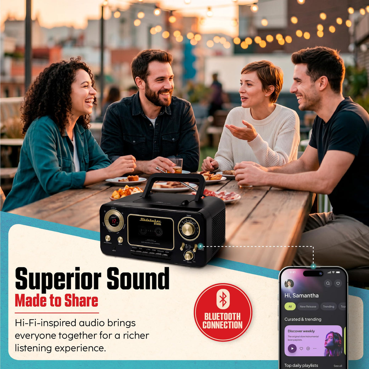 Portable CD Player with Bluetooth, AM/FM Stereo Radio & Cassette Player, Black & Gold X9986