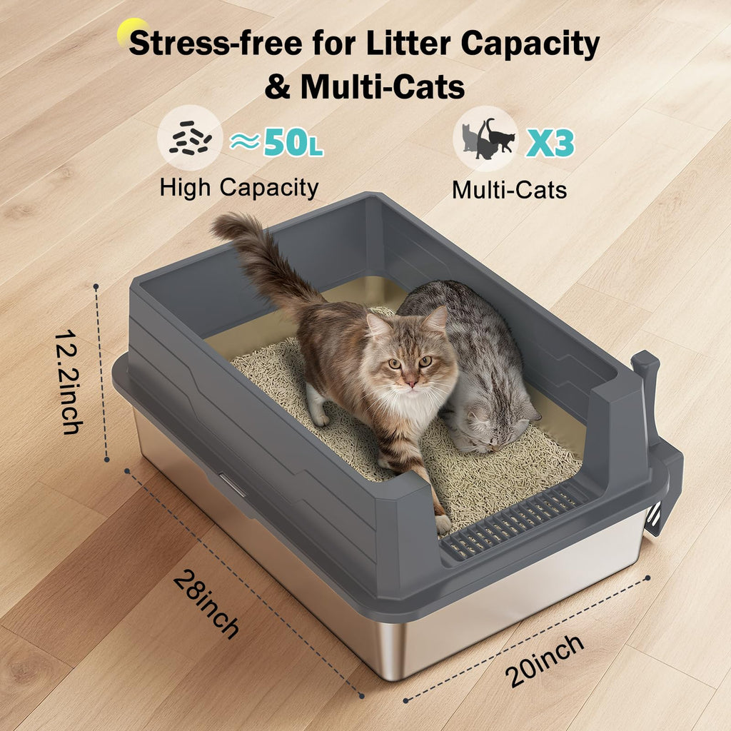 Stainless Steel Extra Large Cat Litter Box with High Sided Lid and Litter Scoop F500
