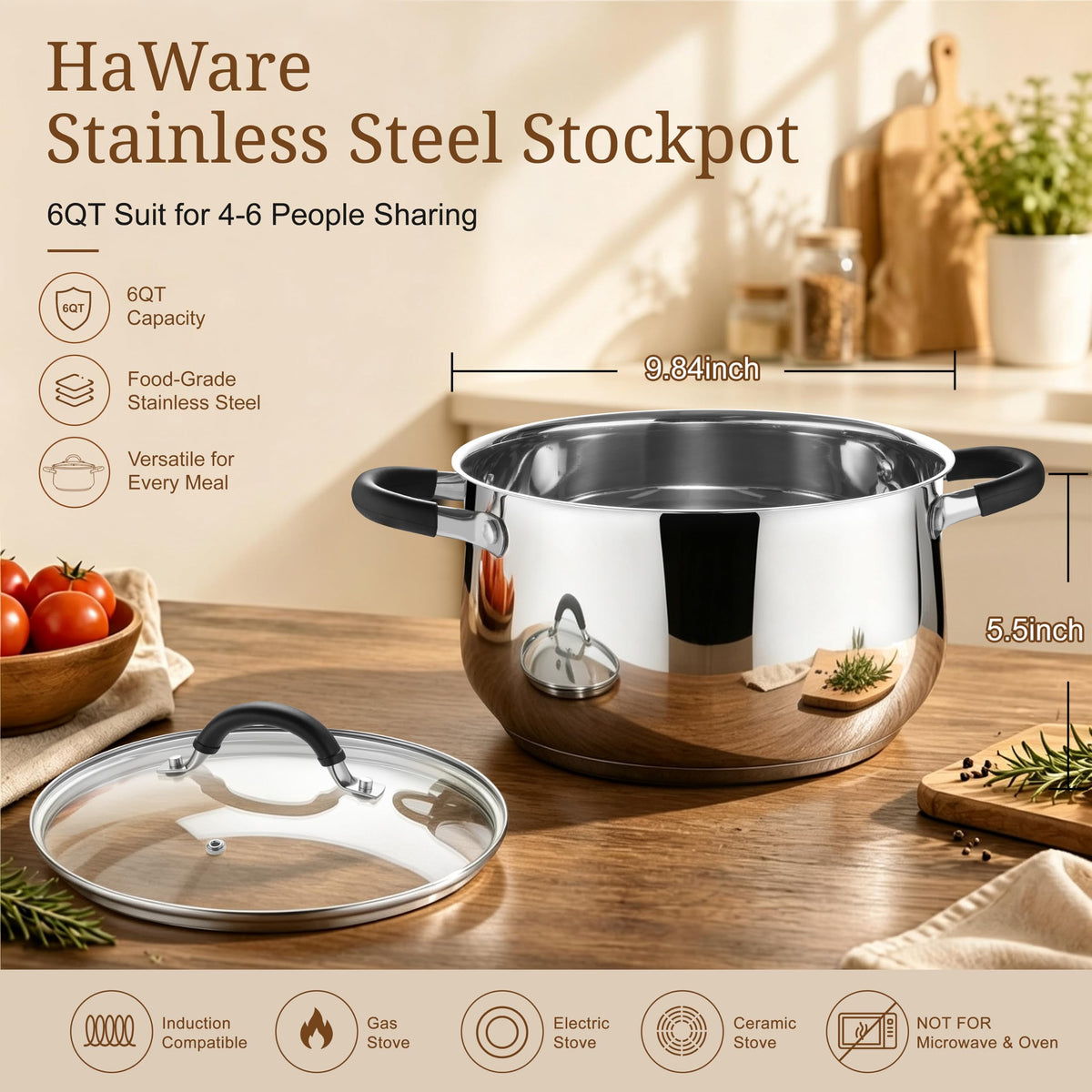 6 Quart Stainless Steel Induction Stock Pot with Lid Z8614