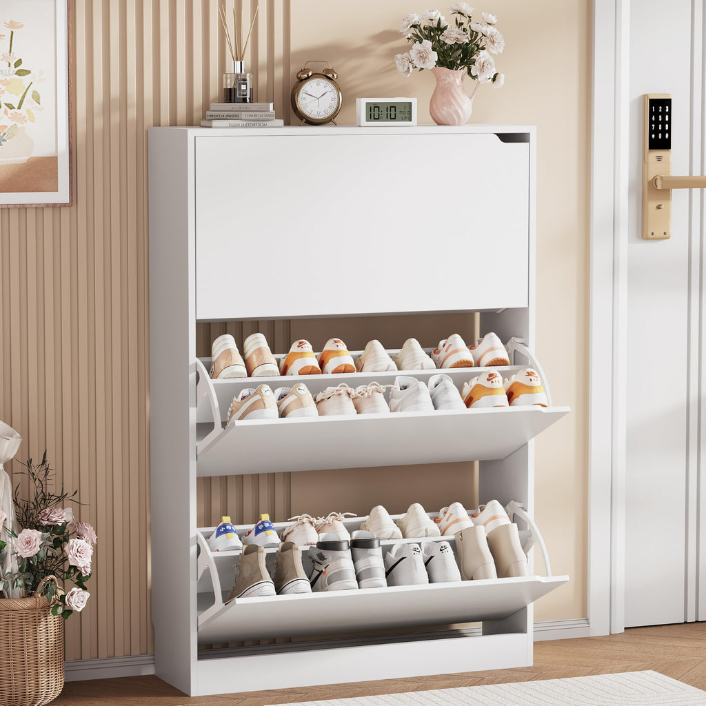 White 3 Flip Drawer Wood Shoe Storage Cabinet Z57817