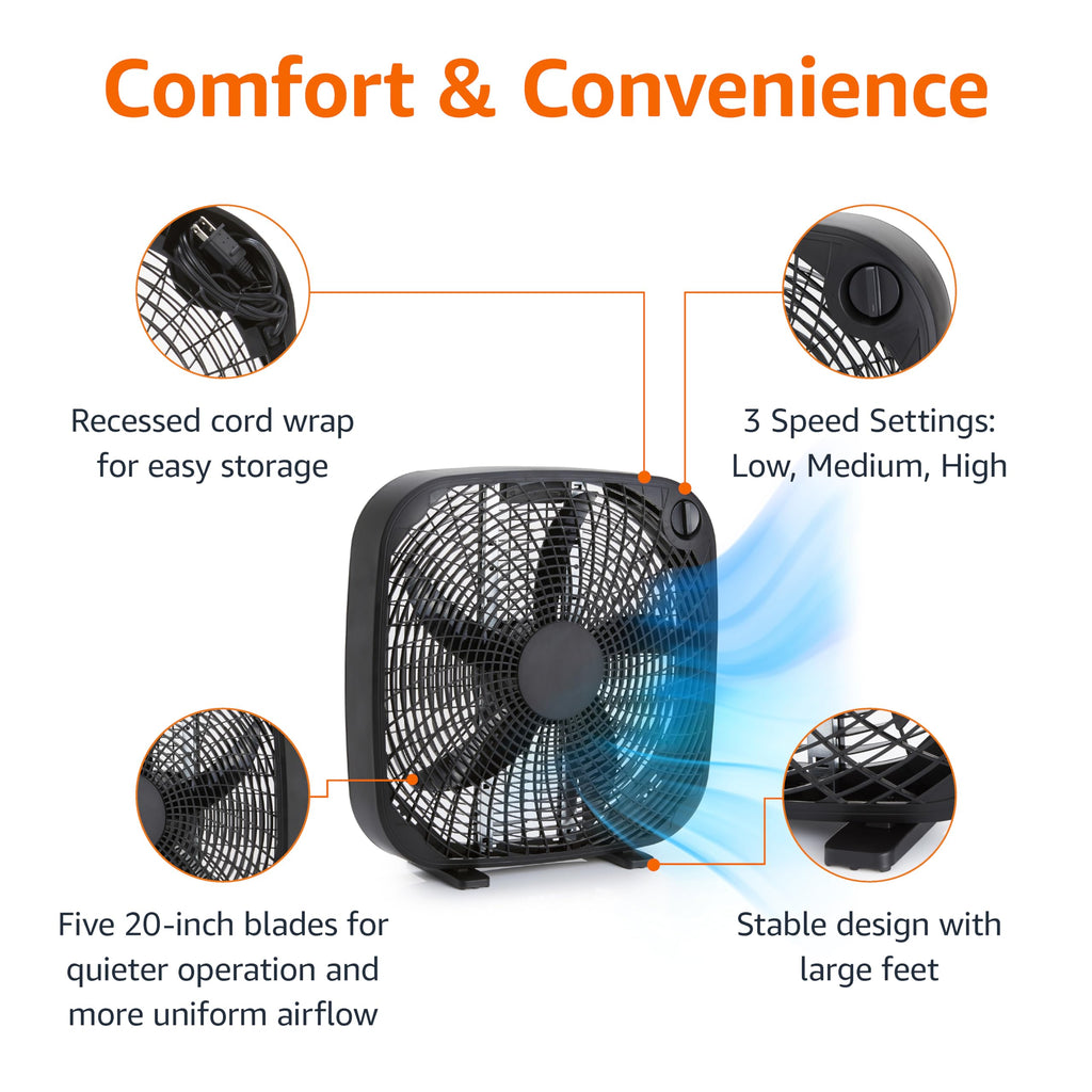 Black 20-Inch 3-Speed Box Fan with Carry Handle I195