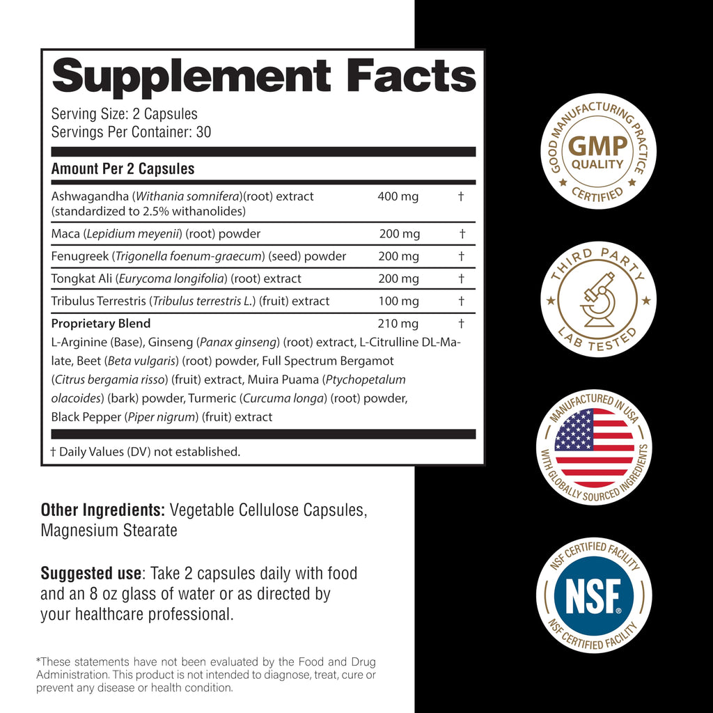 Maca Root Fenugreek Ashwagandha L-Arginine Ginseng Muira Puama Herbal Supplement 60 Capsules Z53015