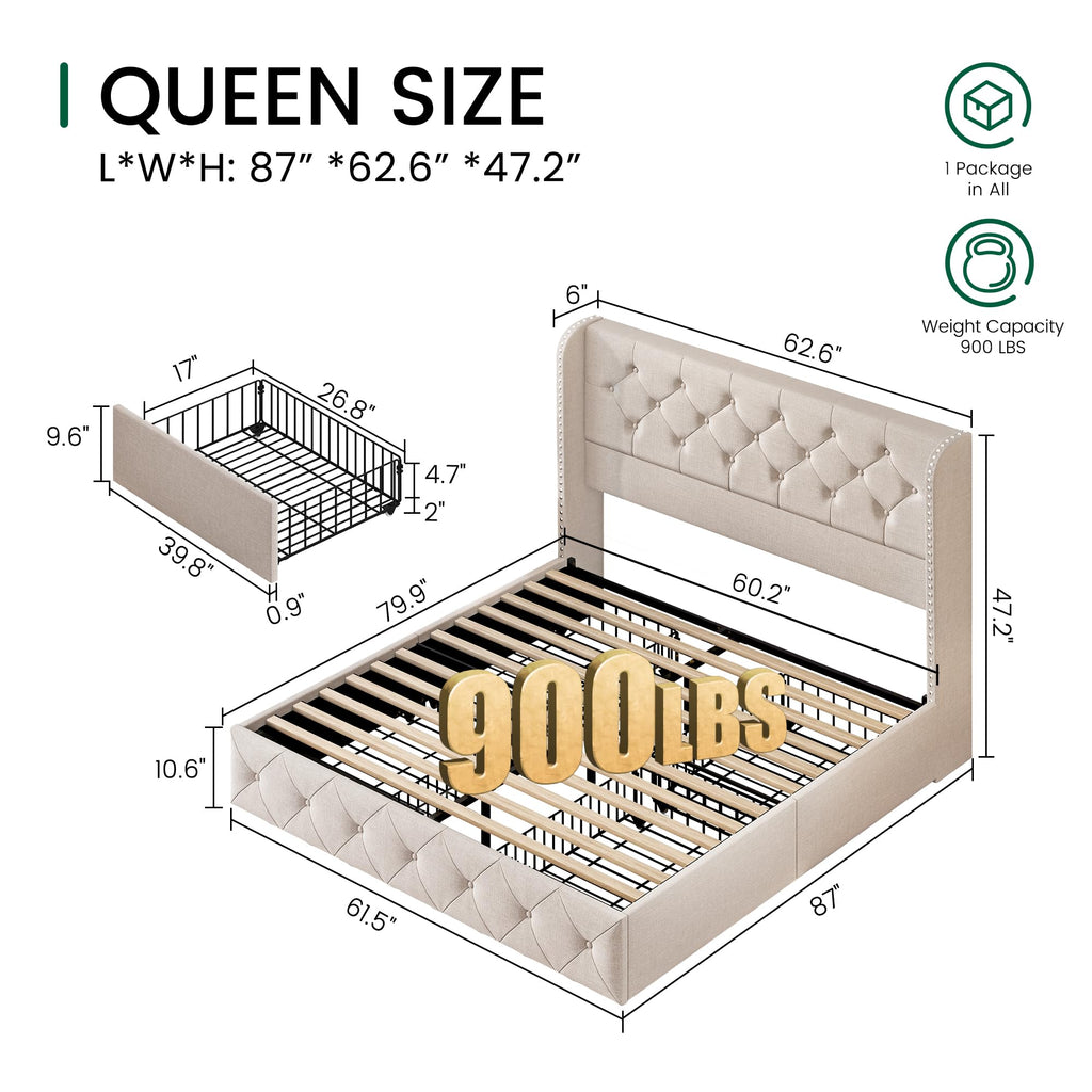 Queen Size Linen Upholstered Platform Bed Frame with 4 Storage Drawers T936289