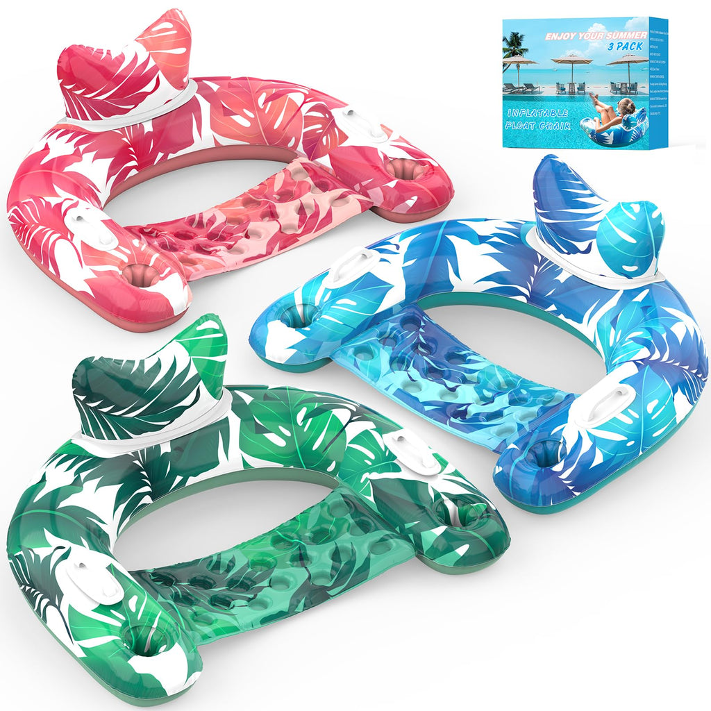 Inflatable Pool Float Chairs with Cupholders & Handles, 3 Pack Y69130