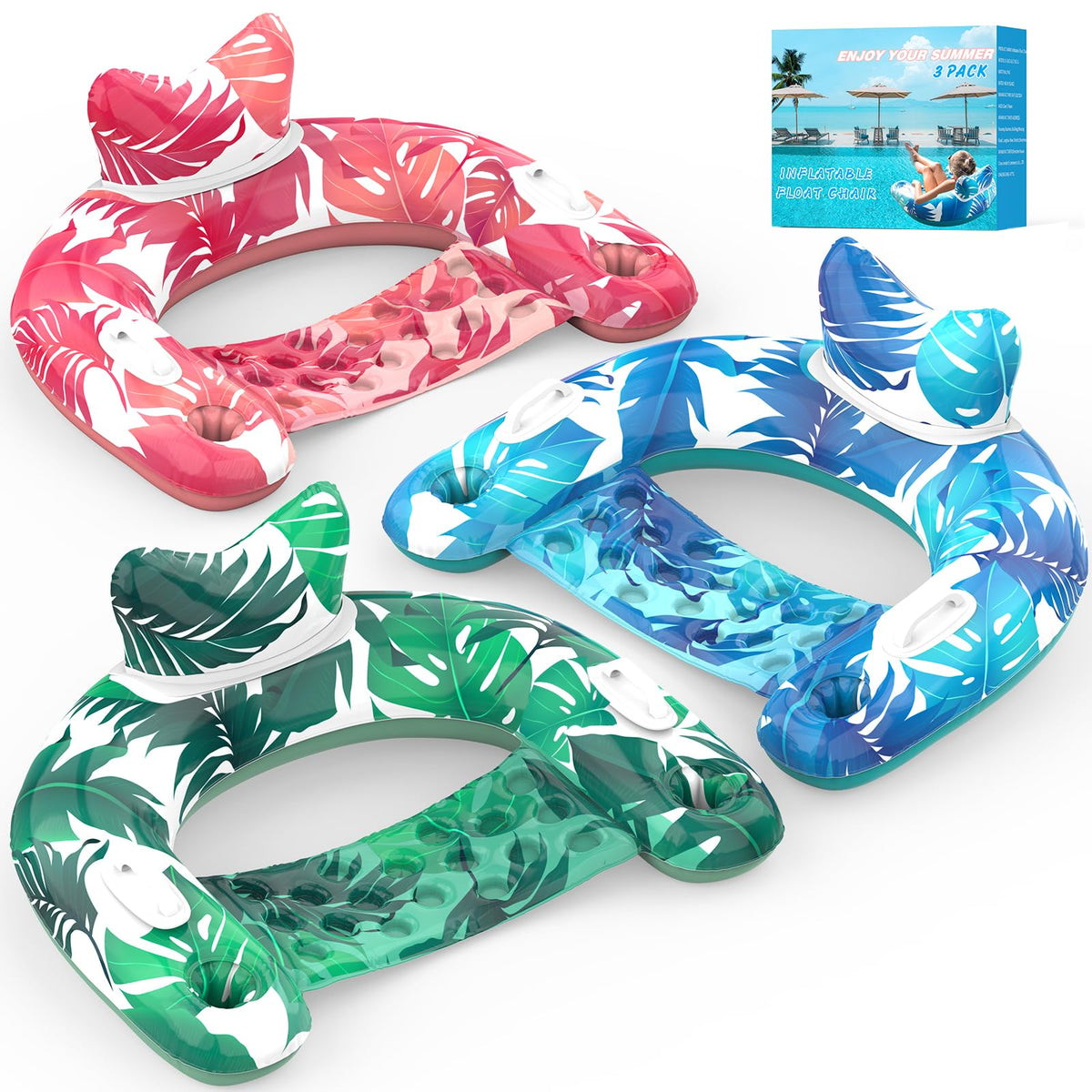 Inflatable Pool Float Chairs with Cupholders & Handles, 3 Pack Y69130