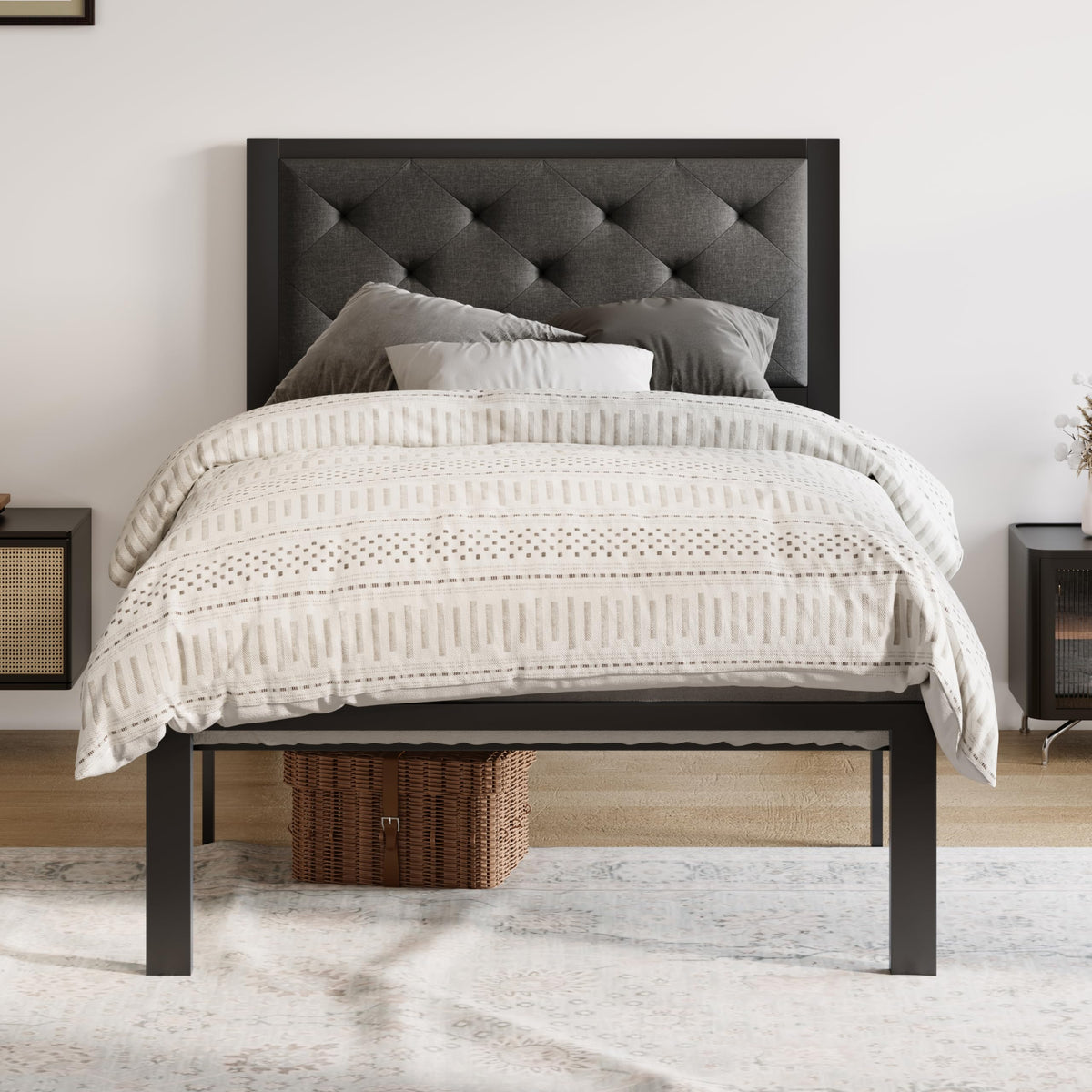 Twin Bed Frame with Upholstered Headboard, Dark Grey X9566