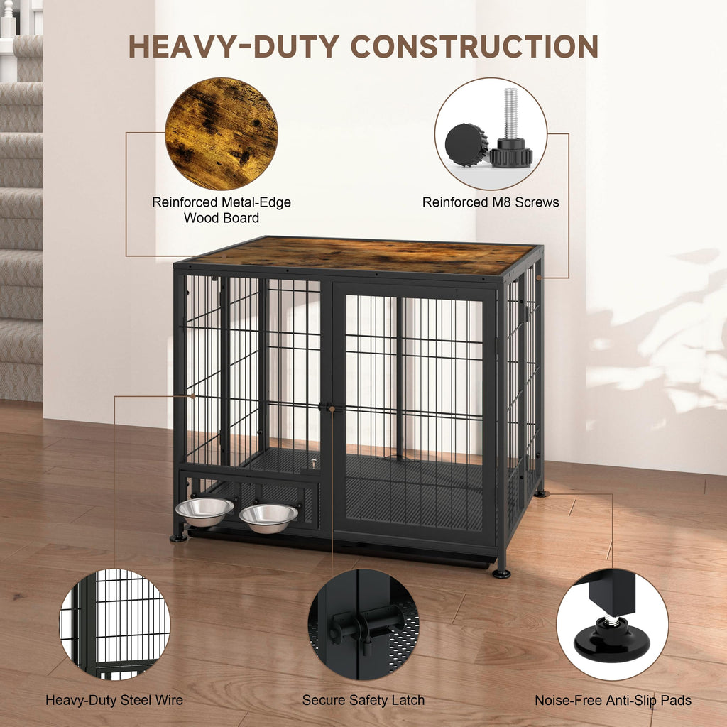 Heavy Duty Foldable Dog Crate with Wheels & Feeding Bowls I349