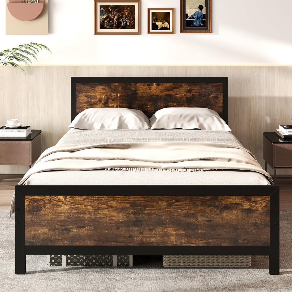 Metal Full Size Platform Bed Frame with Wood Headboard and Footboard H7598