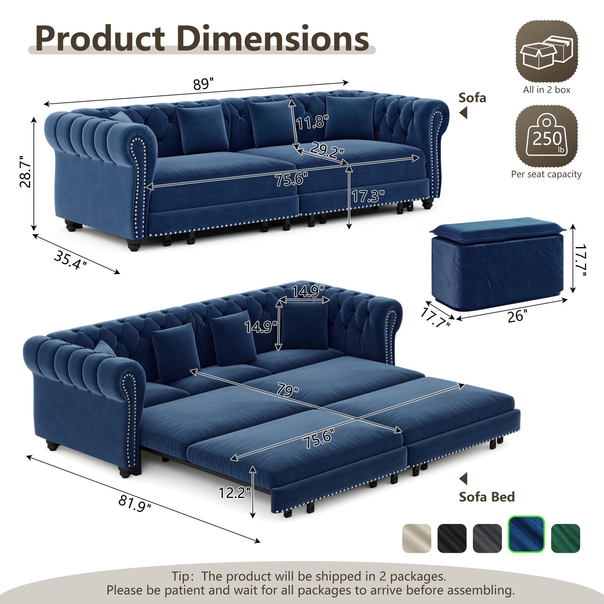 Blue Velvet Pull Out Sleeper Sofa Bed Z5027