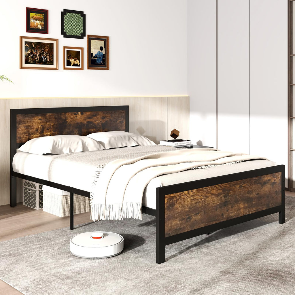Metal Full Size Platform Bed Frame with Wood Headboard and Footboard H7598