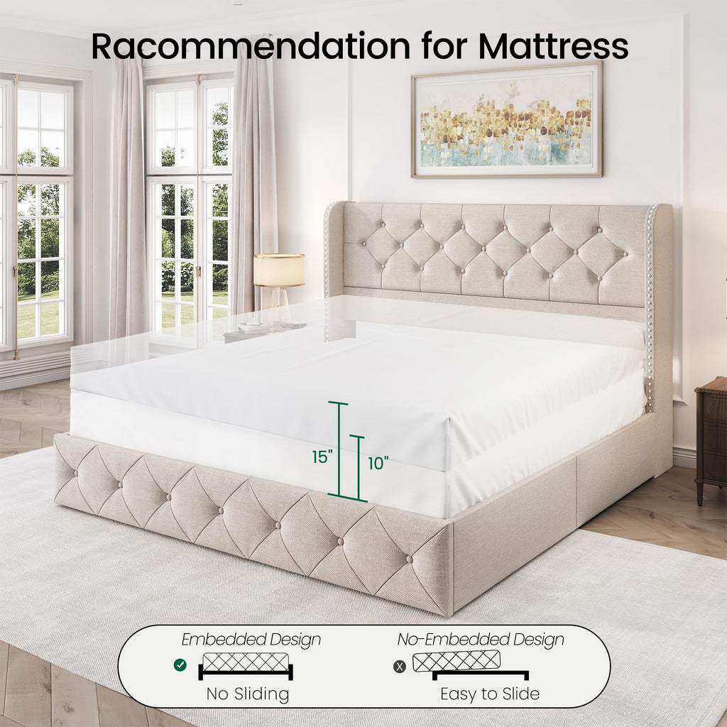 Queen Size Linen Upholstered Platform Bed Frame with 4 Storage Drawers T936289